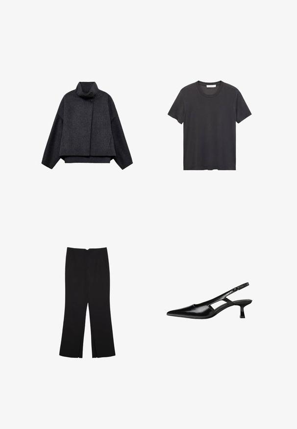 Tmavosivá skrátená bunda vyrobená z texturovanej tkaniny. Má vysoký golier, dlhé rukávy a dve predné vrecká s minimálnymi detailmi na gombíkoch.; Čierne tričko s okrúhlym výstrihom vyrobené z jemnej bavlny. Krátke rukávy, voľný strih a rovný lem bez ozdôb či vzorov.; Čierne nohavice so strihom rovného strihu, s prednými vreckami a bočnými rozparkami na leme. Vyrobené z mäkkej, hladkej tkaniny. Vhodné na rôzne príležitosti.; Čierne lakované kožené lodičky na podpätku s špicatou špičkou, výrezovým dizajnom na boku a malým štvorcovým podpätkom. Hladký povrch s minimálnymi akcentmi.