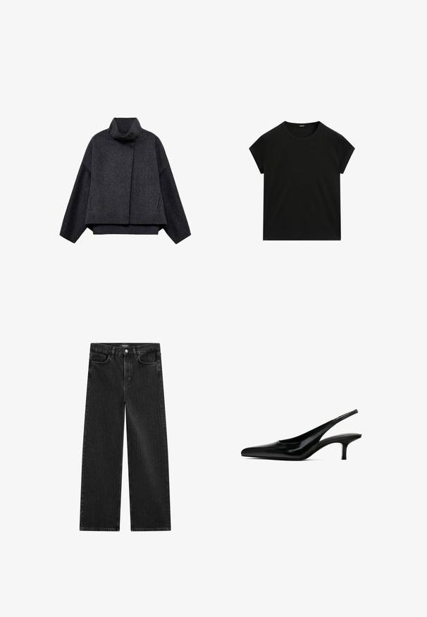 Dunkelgraue cropped Jacke aus strukturiertem Stoff. Sie hat einen hohen Kragen, lange Ärmel und zwei vordere Taschen mit minimalen Knopfdetails.; Schwarzes kurzärmeliges T-Shirt mit Rundhalsausschnitt und geradem Saum, flach auf einem weißen Hintergrund präsentiert.; Weite schwarze Denim-Jeans mit feinem vertikalen Streifenmuster, ausgestattet mit einem Fünf-Taschen-Design und einem klassischen Knopfverschluss an der Taille.; Schwarzer Slingback-Schuh mit spitzem Zehenbereich, glänzender Lederoberfläche und dünnem, niedrigem Absatz. Verfügt über einen Ausschnitt an der Seite für Atmungsaktivität.