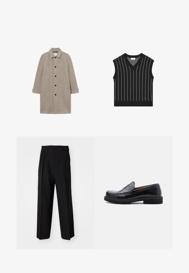 Les Deux MICHAEL HERRINGBONE COAT - Klassischer Mantel - grey; Schwarze ärmellose Weste mit vertikalen weißen Streifen, V-Ausschnitt-Design, gerippter Textur und rotem Logodetail am unteren Saum.; Weißes Langarmhemd mit klassischem Kragen, Knopfleiste und taillierten Manschetten. Glattes Material mit dezentem Glanz. Etikett am Kragen sichtbar.; Schwarze, plissierte Hose mit geradem, weitem Bein. Hergestellt aus glattem Stoff, mit Knopfverschluss und Gürtelschlaufen.; Schwarze Leder-Penny-Loafer mit strapazierfähiger Gummisohle und Mokassin-Stich, seitlich auf einem weißen Hintergrund dargestellt.