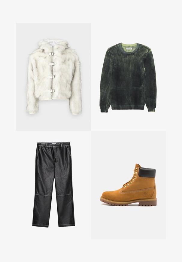 White faux fur jacket with a hood, featuring silver hardware and four toggle buttons down the front. Soft texture and cropped design.; Dark green ribbed knit sweater with a soft texture, crew neck, and long sleeves. Features light green accents on the neckline and edges.; Black faux leather pants, wide leg, featuring stitching details and front pockets, with a smooth, slightly reflective texture.; Tan suede ankle boot with black padded collar, gold metal eyelets, white stitching detailing, and rugged rubber sole with pronounced treads.