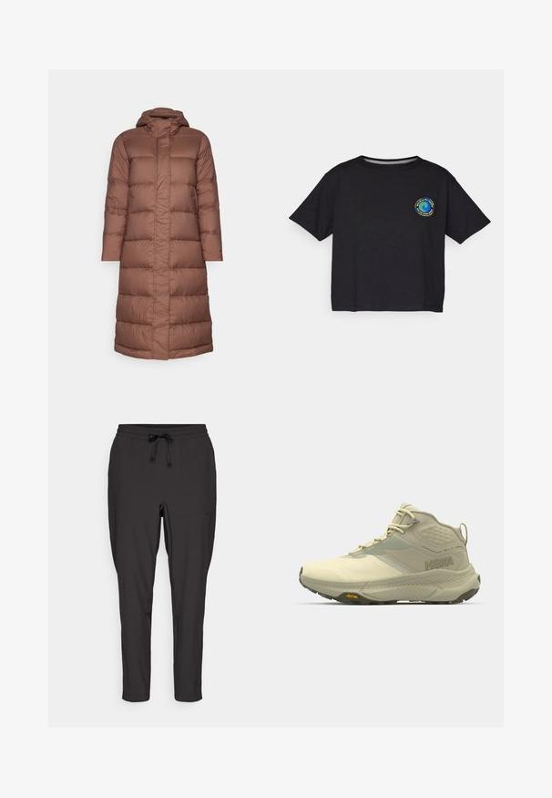 Patagonia SILENT LONG PARKA - Down coat - molasses brown; Black cotton short-sleeve T-shirt featuring a circular multicolored logo on the chest. Straight hem and relaxed fit.; Black jogger pants with an elastic waistband, drawstring detail, and side pockets. Made from a smooth, lightweight fabric.; Hoka hiking boot in light beige, featuring a textured upper, lace closure, and Vibram outsole. Distinctive side logo and supportive design.