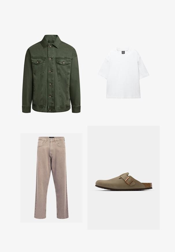 Zielona dżinsowa kurtka z zapięciem na guziki, dwiema kieszeniami na piersi i kołnierzem. Charakteryzuje się subtelnym przeszyciem i lekko teksturowanym materiałem.; Biała krótka koszulka z krótkim rękawem, wykonana z bawełny, z okrągłym dekoltem i luźnym fasonem oraz prostym dołem. Bez wzorów ani ozdób.; Beżowe dżinsy o prostym kroju, wykonane z denimu, z klasycznym pięciopocketowym wzorem, przeszyciami oraz wykończeniem dolnej krawędzi.; Brązowe chodaki o gładkim, matowym wykończeniu. Posiadają wyraźną mosiężną klamrę z boku. Korkowa wkładka i gumowa podeszwa dla wygody.