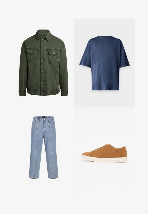 Veste en denim verte avec une fermeture à boutons, deux poches poitrine et un col. Présente des coutures discrètes et un tissu légèrement texturé.; T-shirt navy bleu à manches courtes, fabriqué en tissu doux, présente un col rond classique et une coupe décontractée, sans motifs ni accents visibles.; Jean en denim bleu clair avec une coupe ample, des jambes larges et des détails de couture visibles. Il dispose d'une fermeture à bouton et zip, ainsi que de cinq poches.; Baskets en daim marron avec un design basse, semelle en caoutchouc blanche et bout rond. Présente des lacets assortis et un branding minimal au niveau du talon.