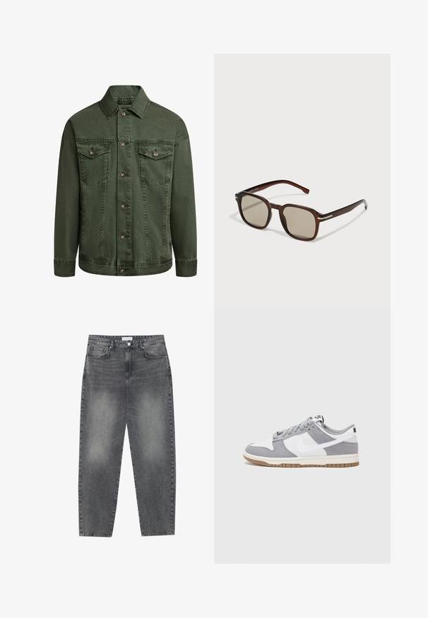 Groene denimjack met knoopsluiting aan de voorkant, twee borstzakken en een kraag. Heeft subtiele stiksels en een licht gestructureerde stof.; Drie mouwloze T-shirts in grijs, wit en zwart. Zacht katoenmateriaal met een ronde hals en een relaxte pasvorm. Eenvoudig ontwerp, geen patronen.; Hoge taille, losvallende jeans van vervaagd zwart denim. Beschikt over vijf zakken, riemlussen en een schone, rechte broekspijp ontwerp.; Grijze en witte sneaker met een bovenwerk van suede en leer, ronde neus, platte veters en een rubberen zool met een gumaccent.; Bruine rechthoekige zonnebril met getinte glazen, kunststof frame en metalen accenten aan de zijkanten. Heeft een slank ontwerp en een gladde textuur.