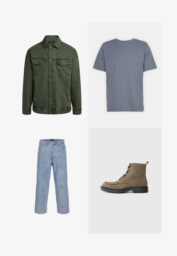 Grøn denimjakke med knaplukning foran, to brystlommer og krave. Har subtil syning og et let struktureret stof.; Grå T-shirt med korte ærmer og rund hals, lavet af blødt bomuldsblandingsstof. Enkel design, ingen mønstre eller accenter.; Lysblå denimjeans med løs pasform, brede ben og synlige syninger. Har knap- og lynlåslukning samt fem lommer.; Tan suede støvle med sort gummisål, rund tå, snørebånd foran og kontrasterende syninger. Har en løkke ved hælen for nem påtagning.