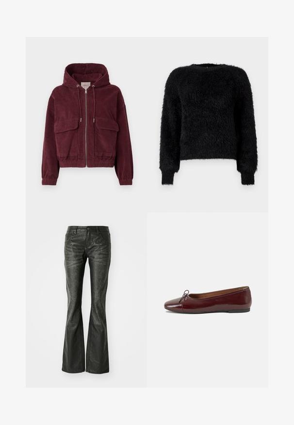 Burgundy kordflodjacka med huva, framdragkedja, två stora fickor och elastiska ärmslut. Har en vertikal ribbad textur.; Svart fluffig långärmad tröja med rund hals i ett mjukt texturerat tyg och ribbade ärmslut mot en enkel vit bakgrund.; Svarta imitation läder flare jeans med framfickor, metallknappstängning och en lätt strukturerad yta. Raka ben med lång skärning.; Burgunderfärgad lackläderballettskor med rund tå, liten rosettdekoration fram och en låg, svart gummisula. Slät textur.