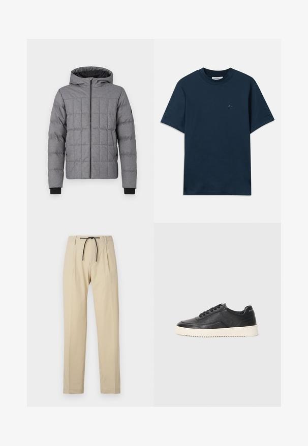 Grå quiltet pufferjakke med hætte, lynlåslukning foran og ribbede manchetter. Struktureret stof med synlige sømme og et kvadratisk mønster.; Marineblå bomulds t-shirt med rund halsudskæring, korte ærmer og et diskret logo trykt på brystet. Glat tekstur og klassisk pasform.; Beige bukser med lige pasform, der har snøring i taljen, plisseret front og glat tekstur. Enkel og alsidig design.; Sort lædersneaker med struktureret overflade, rund tå og flad hvid gummisål. Har sorte snørebånd og branding på hælen.