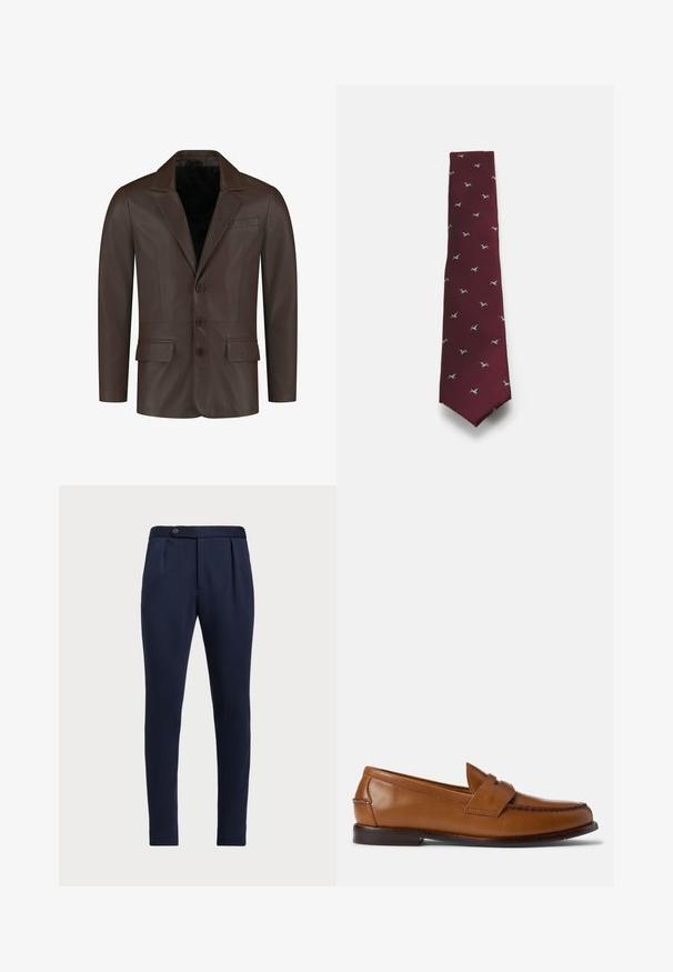 Braune Lederblazer mit spitzen Revers, zwei Fronttaschen, vier Knöpfen und einer eleganten, glatten Textur.; Weißer Strickpullover mit langen Ärmeln, gerippten Bündchen und Saum, mit einem kleinen, navyblauen, gestickten Polo Ralph Lauren-Logo auf der Brust.; Weißes Langarmhemd, knöpfbarer Ausschnitt, klassischer Kragen, glattes Baumwollgewebe, leicht, mit dezenten Nähten und ohne Muster.; Marineblaue maßgeschneiderte Hose mit flacher Front, zwei vorderen Falten und einem einzelnen Knopfverschluss, aus einem glatten, strukturierten Stoff.; Braune Lederlackschuhe mit flacher Sohle, abgerundetem Zehenbereich und dekorativer Stickerei. Enthält eine gestickte Verzierung über die Oberseite und eine glatte Oberfläche.; Bordeauxfarbige Krawatte mit gerippter Textur, die kleine, gestickte Vogelmuster in Blau und Weiß aufweist. Rechteckige Form mit spitzem Ende.