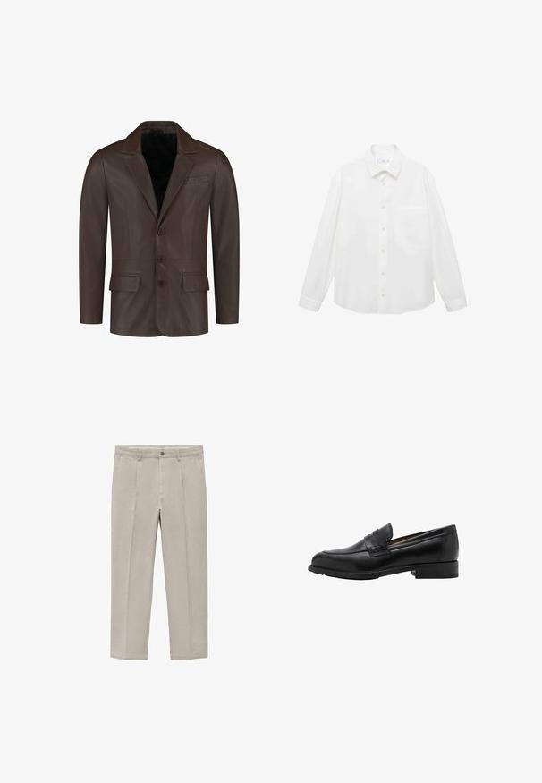 Braune Lederblazer mit spitzen Revers, zwei Fronttaschen, vier Knöpfen und einer eleganten, glatten Textur.; Mango ANTARES - Hemd - white; Helle beige Hose aus einem Baumwollgemisch mit geradem Bein, Frontfalten, einem Knopfverschluss und Seitentaschen.; Schwarze Leder-Löcher mit genähtem Vorderteil und flachem Absatz. Glatte Textur mit runder Zehenform und einem dekorativen Riemen über dem Spann.