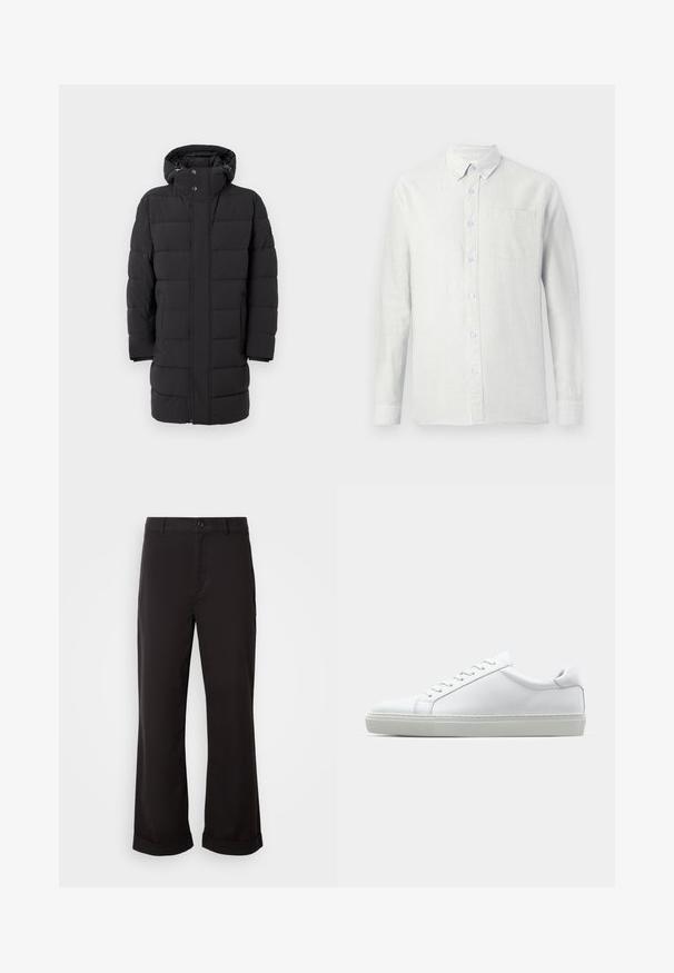 Geacă neagră căptușită cu glugă, care dispune de o închidere cu fermoar și capse, panouri largi matlasate și un design de lungime medie.; Cămașă deschisă la culoare, cu mâneci lungi, cu dungi verticale, guler cu nasturi și un buzunar pe piept. Materialul pare texturat cu un finisaj moale.; Pantaloni negri cu o croială dreaptă, realizați dintr-o țesătură ușoară. Prezintă un închidere clasică cu nasture și manșete rulate la tiv.; Adidași albi cu o suprafață din piele netedă și un profil jos. Au un vârf rotunjit, șase orificii pentru șireturi și o talpă din cauciuc texturată.