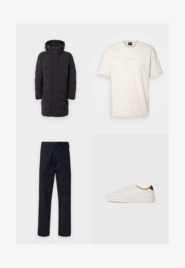 Zwarte gewatteerde jas met capuchon, voorzien van een rits- en drukknoopsluiting, brede gewatteerde panelen en een middellange lengte.; BOSS TEE - T-shirt basic - open white; Zwarte cargobroek van stevig materiaal, met een rechte pijp, twee zijzakken en een knoopsluiting bij de taille.; Witte sneaker met een gladleren bovenkant, ronde neus en platte zool. Zwarte accenten bij de hiel, voorzien van tonale veters en minimale branding.