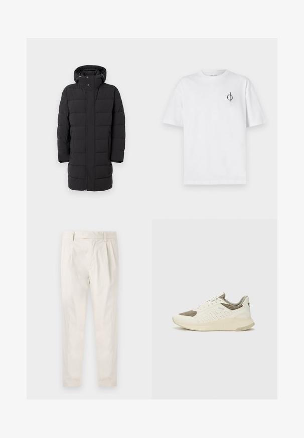 Czarna pikowana kurtka z kapturem, zamek błyskawiczny i zatrzaskowe zapięcie, szerokie pikowane panele oraz średniej długości fason.; Biała bawełniana koszulka o luźnym kroju, z małym czarnym graficznym logo na lewej piersi. Krótkie rękawy, klasyczny okrągły dekolt.; Białe, plisowane spodnie o dopasowanym kroju, z gładką fakturą, szlufkami na pasek i zwężanymi nogawkami. Brak widocznych kieszeni lub wzorów.; Białe i jasnobeżowe sneakersy sportowe, z siateczkową cholewką, perforowanymi detalami oraz teksturowaną podeszwą śródstopia z brandingiem na pięcie.