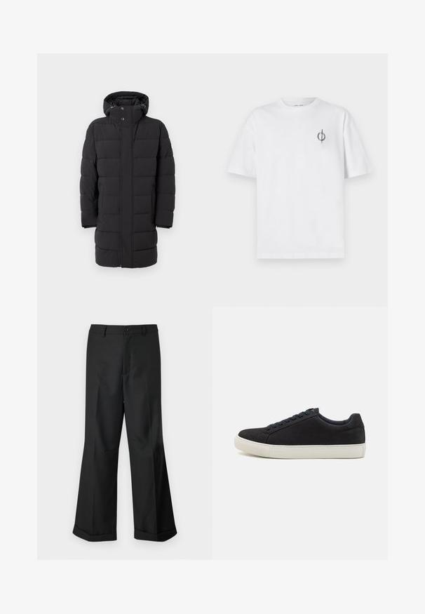 Abrigo acolchado negro con capucha, que presenta un cierre de cremallera y botones a presión, paneles acolchados anchos y un diseño de longitud media.; Camiseta de algodón blanca con un corte relajado, con un pequeño logotipo gráfico negro en el área del pecho izquierdo. Mangas cortas, estilo cuello redondo.; Pantalones anchos negros con cintura abotonada y dobladillos con puños, exhibidos sobre un fondo blanco liso.; Zapatillas de ante negras con puntera redondeada, suela de goma blanca, cordones azules en contraste y una textura suave. Diseño minimalista sin logotipo visible.