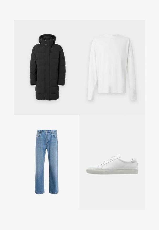Zwarte gewatteerde jas met capuchon, voorzien van een rits- en drukknoopsluiting, brede gewatteerde panelen en een middellange lengte.; Witte katoenen blouse met lange mouwen en een ronde halslijn, met zijsplitten aan de onderkant en een gladde textuur, vanuit de achterkant weergegeven.; Lichtblauwe denim jeans met een straight-leg ontwerp, vijf zakken, knoopsluiting, minimale vervaging en contrasterende stikseldetails.; Witte sneaker met een gladlederen bovenwerk en een laag profiel. Voorzien van een ronde neus, zes vetergaatjes en een gestructureerde rubberen zool.