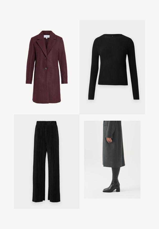 Burgunderfarbener Wollmischmantel mit Reverskragen, zwei Knöpfen, Seitentaschen und taillierter Passform. Weiche Textur und klare Linien.; Schwarzer, gerippter, langärmliger, taillierter Pullover mit Rundhalskragen, vor einem schlichten, hellen Hintergrund präsentiert.; Schwarze plissierte Hose mit elastischem Bund. Verfügt über weite Hosenbeine und einen glatten, strukturierten Stoff mit vertikalen Streifen.; Grau, maßgeschneiderter Überwurf mit geradem Schnitt; kombiniert mit knöchelhohen, schwarzen Lederstiefeln mit quadrater Zehenform und klobigem Absatz.