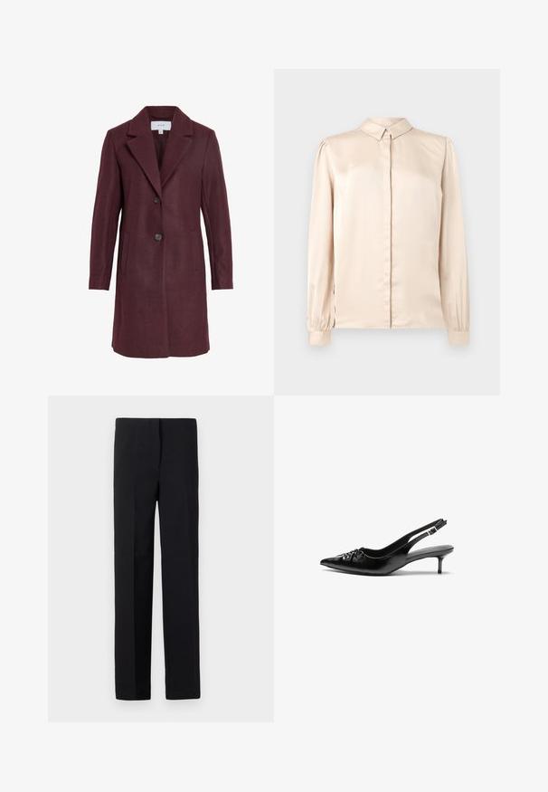 Bordový vlnený kabát zmesovej tkaniny s výstrihom, zapínaním na dve gombíky, bočnými vreckami a strihom na mieru. Mäkká textúra a čisté línie.; Béžová saténová košeľa s dlhým rukávom, s golierom na gombíky, predným zapínaním a zberanými balónovými rukávmi na manžetách. Hladký, lesklý povrch.; Čierne, zúžené nohavice so rovnýmm strihom, s hladkým povrchom a bez viditeľných vzorov. Štandardný pás a čisté spracovanie.; Čierne kožené slingback podpätky s ostrou špičkou, malým podpatkom a dekoratívnym uzlom vpredu. Hladký povrch po celom obvode.