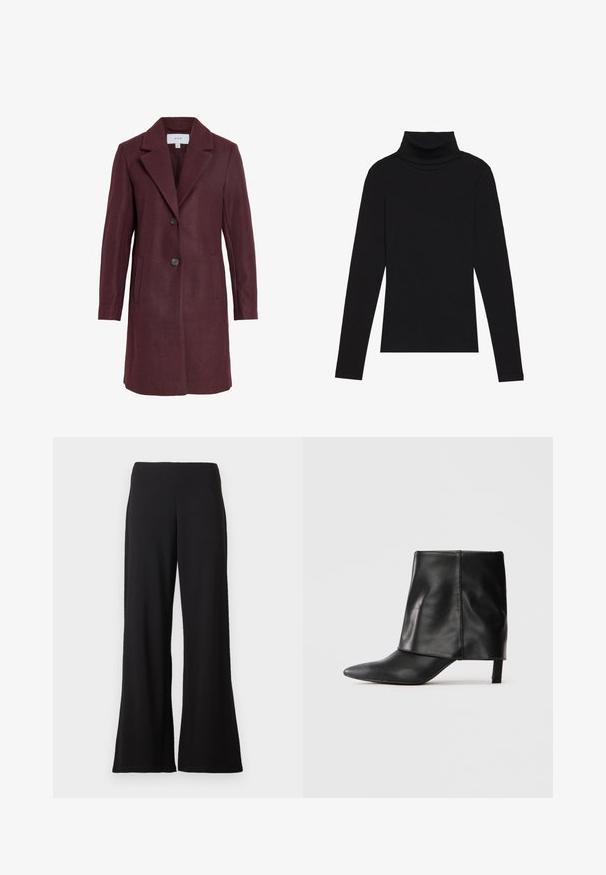 Cappotto in misto lana bordeaux con colletto a rever, chiusura a due bottoni, tasche laterali e vestibilità su misura. Texture morbida e linee pulite.; Maglione a collo alto nero a maniche lunghe, realizzato in tessuto a coste, presenta un design aderente con un collo alto e senza motivi o dettagli.; Pantaloni neri a gamba larga con vita alta e tessuto liscio su uno sfondo bianco semplice.; Stivale in pelle nera fino al polpaccio con punta affilata, gambale piegato e tacco basso e slanciato, posizionato su uno sfondo bianco.