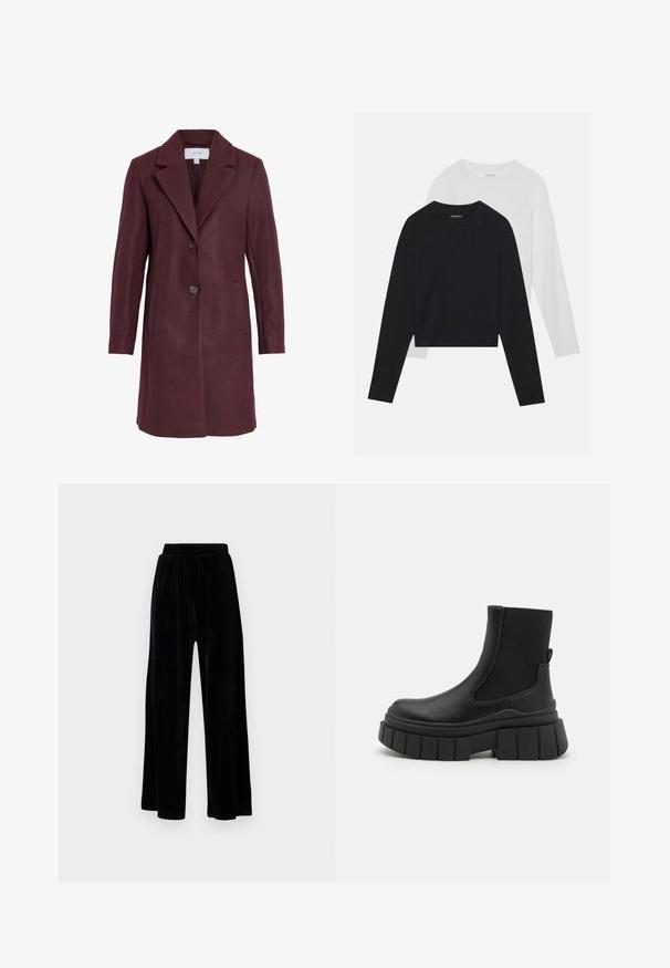 Burgundski kaput od vunene mješavine s rever kragnom, zatvaranjem na dva dugmeta, bočnim džepovima i krojem prilagođenim figuri. Mekana tekstura i čiste linije.; Dvije majice dugih rukava: jedna crna i jedna bijela. Obje imaju okrugli izrez, raglan rukave i mekani pamuk korišten za izradu.; Crne široke hlače od mekanog velura, s elastičnim pojasom i glatkom teksturom, bez vidljivih detalja ili uzoraka.; Crne gležnjače od glatke kože s elastičnim bočnim panelima, debelim platformom i teksturiranim uzorkom potplata.