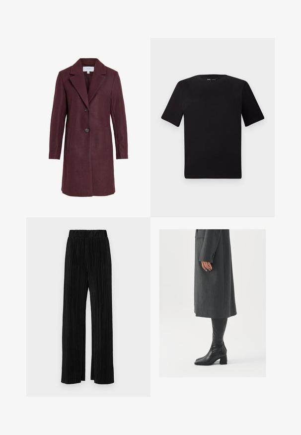 Burgundin villasekoitteinen takki, jossa on lovettu kaulus, kaksinappinen kiinnitys, sivutaskut ja säädetty istuvuus. Pehmeä rakenne ja siistit linjat.; Musta lyhythihainen t-paita pyöreällä kaula-aukolla, valmistettu pehmeästä puuvillakankaasta. Yksinkertainen malli, ei näkyviä logoja tai kuvioita.; Mustat pleatatut housut, joissa on joustava vyötärö. Ominaisuuksiin kuuluvat leveät lahkeet ja sileä, teksturoitu kangas, jossa on pystysuoria raitoja.; Harmaa, muotoiltu pitkätakki suoran leikkauksen kanssa; yhdistetty polven yli yltäviin mustiin nahkasaappaisiin, joissa on neliön muotoinen kärki ja paksu kanta.