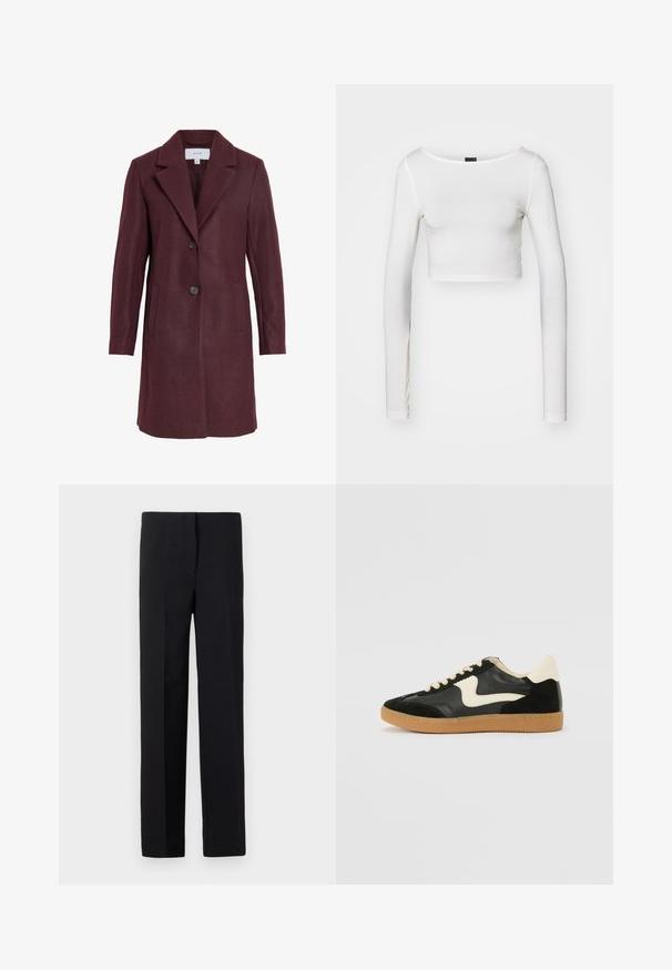 Abrigo de mezcla de lana burdeos con cuello de muesca, cierre de dos botones, bolsillos laterales y un ajuste entallado. Textura suave y líneas limpias.; Gina Tricot SOFT TOUCH CROPPED TOP - Camiseta de manga larga - pristine; Pantalones negros ajustados de corte recto, con una textura suave y sin patrones visibles. Cintura estándar y un acabado limpio.; Zapatillas de deporte de ante y cuero negro con un swoosh lateral en crema y un talón en crema claro. Presenta cordones beige y una suela de goma marrón.