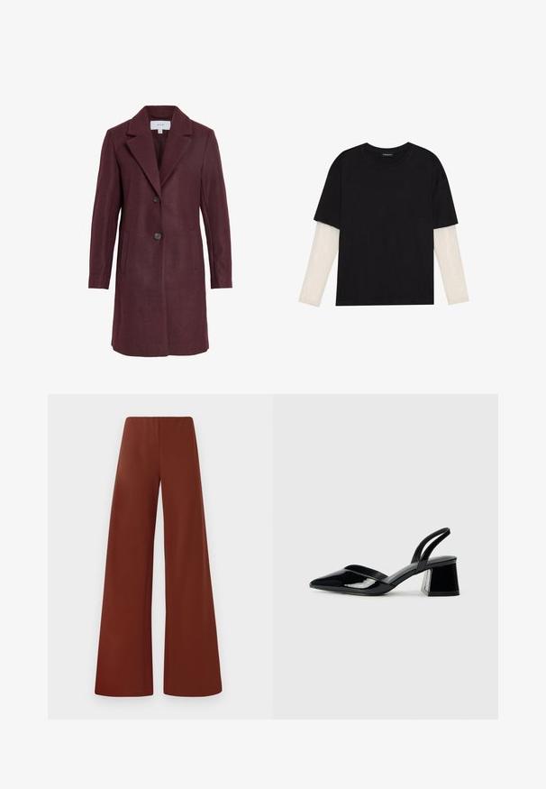 Burgundin villasekoitteinen takki, jossa on lovettu kaulus, kaksinappinen kiinnitys, sivutaskut ja säädetty istuvuus. Pehmeä rakenne ja siistit linjat.; Mustapaita, joka on valmistettu puuvillasta ja jossa on lyhyet hihat valkoisen pitkähihasen kerroksen päällä, jossa on hienovarainen teksturoitu kuvio. Pyöreä kaula-aukko.; Vaahtokassit sujuvasta kankaasta syvän ruskeassa värissä. Korkea vyötärö ja siistit linjat ilman näkyviä kiinnityksiä.; Mustat patentoitu nahkakengät, joissa on säären takaosa ja terävä kärki, sekä geometrinen palikkakorko. Sisältää tyylikkään, minimalistisen muotoilun ja sileän pinnan.