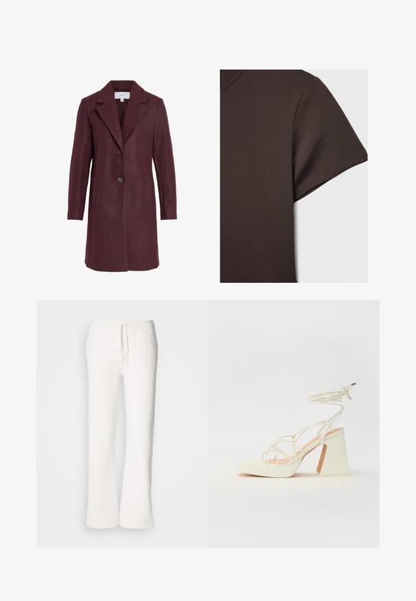 Burgundowa płaszcz wełniano-mieszankowy z klapami, zapięciem na dwa guziki, kieszeniami bocznymi i dopasowanym krojem. Miękka tekstura i czyste linie.; Ciemnobrązowa koszulka z krótkim rękawem, wykonana z gładkiego, elastycznego materiału, z klasycznym okrągłym dekoltem i schludnymi szwami.; Białe, luźne spodnie dresowe wykonane z miękkiego materiału, z elastycznym paskiem w talii i prostymi nogawkami.; Biała sandał na wysokim obcasie z masywnym słupkiem, z paskowym wzorem i wiązaniem przy kostce. Gładka faktura z platformą z przodu dla dodatkowej wysokości.