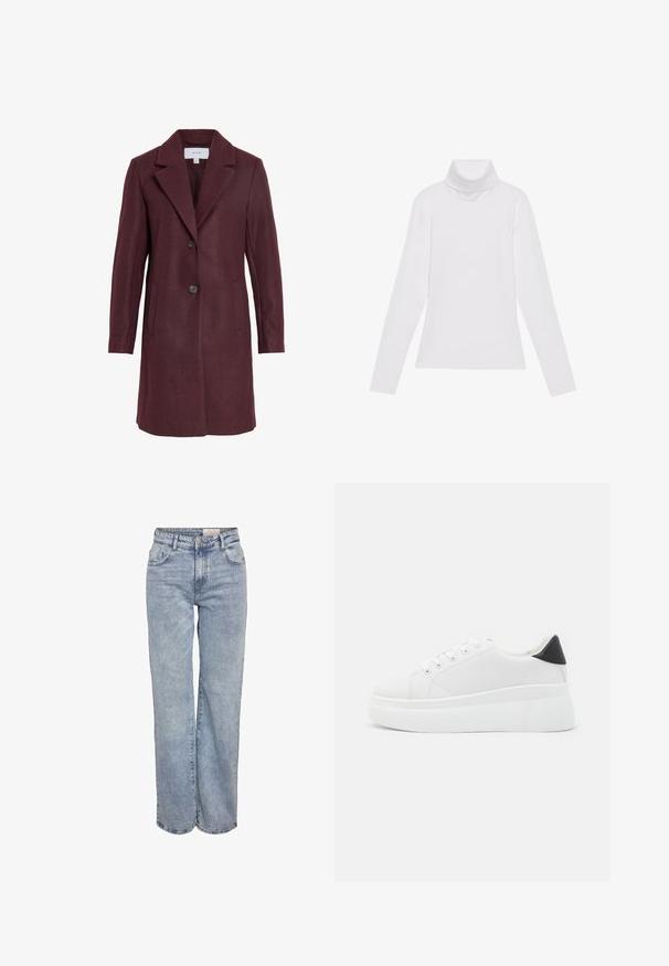 Cappotto in misto lana bordeaux con colletto a rever, chiusura a due bottoni, tasche laterali e vestibilità su misura. Texture morbida e linee pulite.; Maglia a maniche lunghe bianca a collo alto realizzata in tessuto morbido ed elastico. Presenta un colletto alto e un design aderente, senza motivi o decorazioni visibili.; Jeans a gamba larga di colore azzurro chiaro realizzati in denim, con vita alta, design a cinque tasche e leggera scoloritura per un aspetto vissuto.; Sneakers platform bianchi realizzati in materiale sintetico liscio, con punta arrotondata, design con lacci e suola in gomma texture. Accento nero nel tallone.