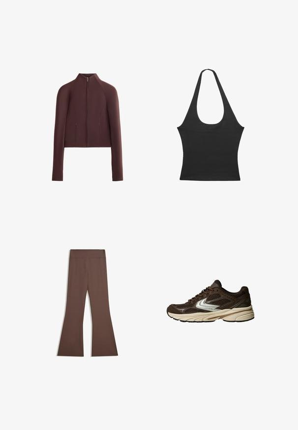Veste courte marron, tissu à texture lisse, col haut, fermeture éclair sur le devant, manches longues avec poignets ajustés, minimalisme dans les coutures.; Top sans manches noir avec un col rond, fabriqué en tissu doux. Présente une silhouette ajustée et des bords nets. Pas de motifs ou d'accents supplémentaires.; Pantalons marron taille haute avec une jambe supérieure ajustée et un bas évasé, présentés sur un fond blanc uni.; Chaussure de sport brun avec des panneaux en maille, un design accent blanc, une semelle en caoutchouc rembourrée et un dessus en tissu texturé pour la respirabilité.