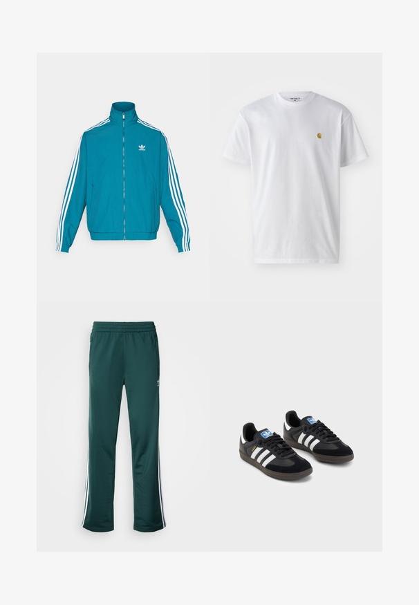 Teal poliester jakna s visokim ovratnikom, prednjim zatvaračem, bijelim trostrukim akcentima duž rukava i malim bijelim logotipom s lijeve strane.; Bijela pamučna majica kratkih rukava s okruglim izrezom, sa malim zlatnim logotipom na lijevoj strani prsnog koša. Mekana tekstura i standardni kroj.; Tamnozelene sportske hlače s teksturiranim materijalom, elastičnom stražnjom trakom i bijelim bočnim trakama. Logo otisnut u gornjem lijevom dijelu sprijeda.; Crne tenisice s gornjim dijelom od antilopa i sintetičkog materijala, s tri bijele pruge, teksturiranom gumenom potplatom i plavom oznakom na jeziku.
