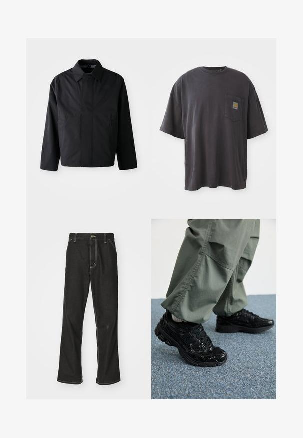 Juoda, trumpa striukė su plačia apykakle, dviem priekinėmis kišenėmis ir ilgomis rankovėmis. Pagaminta iš lygaus, lengvo audinio su subtiliu ženklu.; Juodos spalvos medvilnės marškinėliai su trumpomis rankovėmis, apvaliu iškirpimu ir kairėje krūtinės pusėje esančia kišenėle su kvadratine logotipo etikete. Paprastas ir nepuoštas dizainas.; Juodi džinsai su laisvu siluetu, turintys kontrastingas balto siūlo siūles, mygtuko uždarymą ir tiesų kojos dizainą.; Juodi sportiniai bateliai su blizgiu ir tinkliniu tekstūromis, turintys storą pado ir raištus, derinami su laisvomis alyvuogių spalvos kargo kelnėmis.