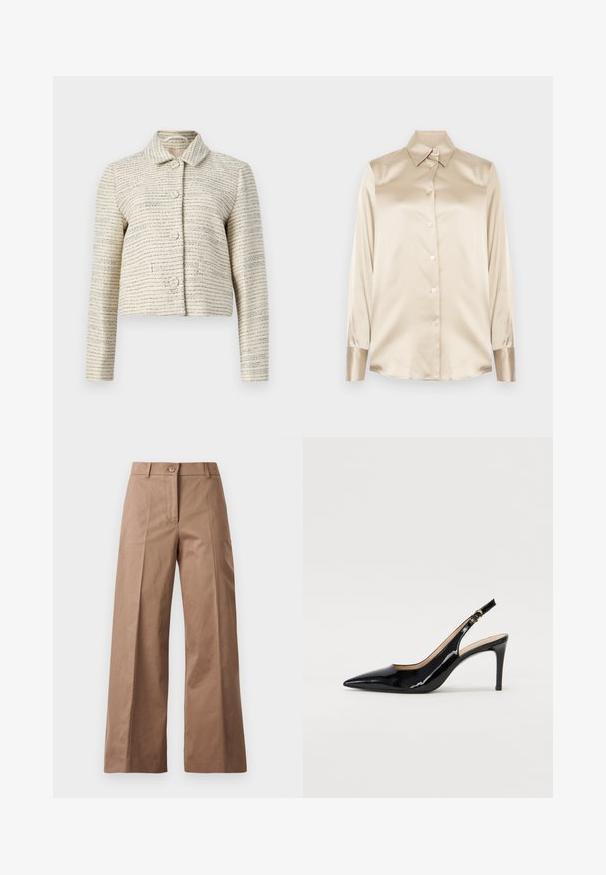 Jaqueta curta em marfim com um tecido texturizado apresentando riscas horizontais azuis e pretas. Tem mangas longas, gola colarinho e botões redondos.; Camisa de cetim bege com gola pontuda, mangas de comprimento total, fecho de botão e punhos com um acabamento ligeiramente mais brilhante. Sem padrões ou detalhes.; Calças largas castanhas feitas de um tecido suave, com fecho frontal por botão, dois bolsos frontais e linhas limpas e ajustadas.; Sandal com salto em verniz preto, bico fino, salto esguio e um design de recorte subtil. Apresenta uma fivela dourada na alça.