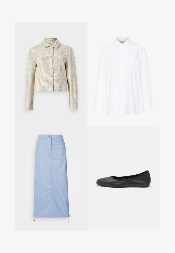 Elfenbensfarvet cropped jakke med et tekstureret stof, der har vandrette blå og sorte striber. Den har lange ærmer, en krave og runde knapper.; Hvid langærmet skjorte med krave lavet af bomuld. Har en knaplukning fortil og en enkelt brystlomme. Glat tekstur, afslappet pasform.; Lyseblå, mellemlang nederdel lavet af glat, let materiale med lige snit, har en frontknaplukning og en justerbar kant.; Sort læderballetsko med rund tå, glat tekstur, minimal syning og et fleksibelt såldesign.