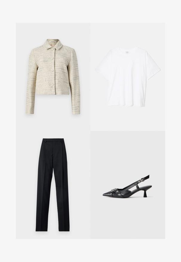 Jaqueta curta em marfim com um tecido texturizado apresentando riscas horizontais azuis e pretas. Tem mangas longas, gola colarinho e botões redondos.; T-shirt de algodão branco com mangas curtas, decote redondo, corte descontraído e bainha cosida. Etiqueta visível no interior do pescoço.; Calças pretas feitas de um tecido suave, com uma cintura alta, pernas largas, pregas frontais e passadores de cinto clássicos. Não há bolsos laterais visíveis.; Sapato slingback em couro preto com biqueira fina, tiras decorativas com ilhós de metal e um pequeno salto quadrado. Superfície texturizada.