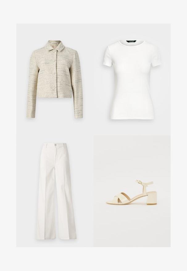 Giacca corta avorio con un tessuto strutturato caratterizzato da righe orizzontali blu e nere. Ha maniche lunghe, colletto e bottoni tondi.; T-shirt bianco in cotone con maniche corte, collo rotondo, design aderente e texture liscia. Etichetta del logo sul collo.; Pantaloni bianchi a gamba larga realizzati in cotone con una texture liscia. Presentano un bottone anteriore, una zip e un design a quattro tasche.; Sandali con tacco in pelle verniciata beige, design con cinturino incrociato, punta aperta, cinturino alla caviglia regolabile e tacco a blocco. Texture liscia.