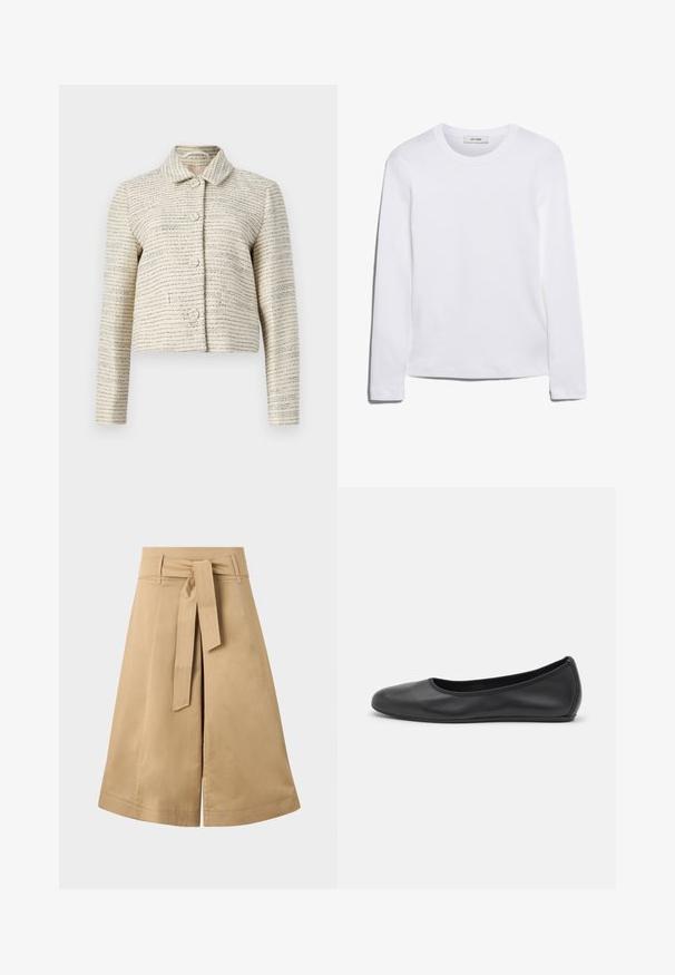 Elfenbeinfarbende, kurz geschnittene Jacke aus strukturiertem Stoff mit horizontalen blauen und schwarzen Streifen. Sie hat lange Ärmel, einen Kragen und runde Knöpfe.; Langärmliges weißes T-Shirt aus geripptem Baumwollstoff, mit rundem Ausschnitt und geradem Saum. Einfaches Design ohne Muster oder Akzente.; Khakifarbener Midi-Wickelrock mit einem Bindegürtel, aus leichtem Baumwollmaterial, mit einer ausgestellten Silhouette und sichtbaren Nähdetails.; Schwarze Leder-Ballettschuhe mit abgerundeter Spitze, glatter Textur, minimalen Nähdetails und einem flexiblen Sohlen-Design.