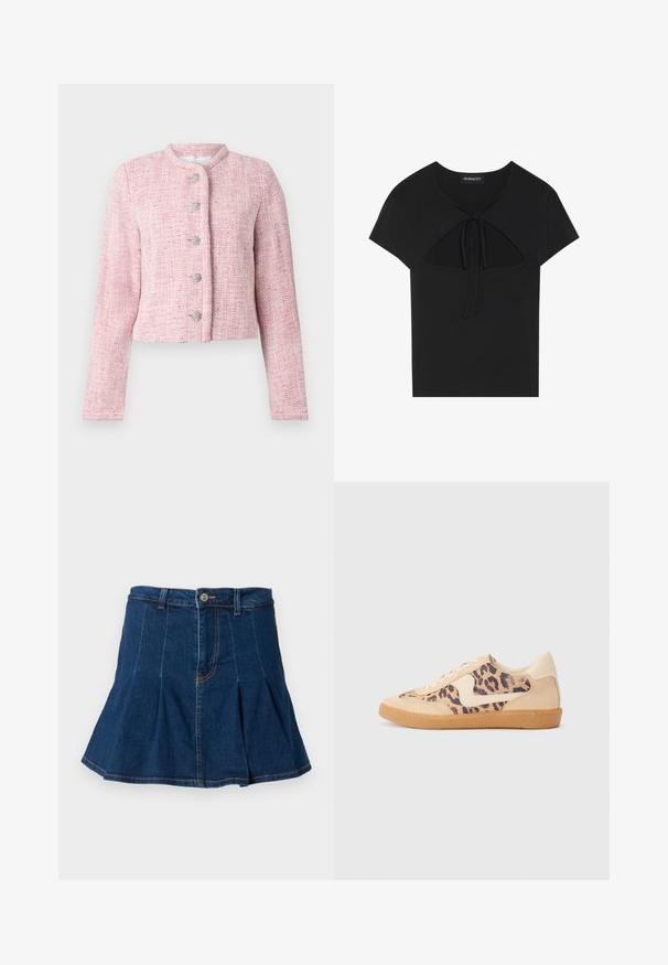 Casaco curto em tweed rosa com colarinho arredondado, cinco botões prateados e mangas longas. Tecido texturizado com padrão de espinha de peixe.; Top preto de mangas curtas com decote redondo, apresentando um detalhe recortado e fecho atado na parte da frente. Feito de tecido suave e leve.; Saia de ganga azul-escura, com um design plissado, cinco bolsos, fecho frontal com botão e detalhes de costura em contraste.; Sapatilhas com padrão de leopardo, parte superior em camurça bege, sola de borracha castanha e detalhes brancos. Bico redondo e design com atacadores, com um acabamento texturizado.