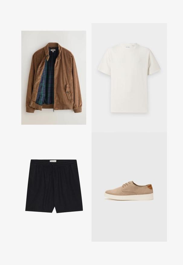 Hnedá kordová bunda so zipsom vpredu, s chrbtovým golierom a bočnými vreckami. Interiér je vybavený tmavozelenou a modrou károvanou podšívkou.; Biela krátka tričko s krátkym rukávom so žebrovanou textúrou. Okrúhly výstrih, uvoľnený strih, žiadne viditeľné vzory ani akcenty. Jednoduchý a všestranný dizajn.; Čierne šortky s elastickým pásom a šnúrkou, s hladkým povrchom a rovnou siluetou, vhodné na bežné nosenie.; Béžové semišové tenisky s okrúhlou špičkou, šnurovaním vpredu a textúrovaným zadným akcentom. Biela gumová podrážka poskytuje kontrast. Jednoduchý a moderný dizajn.
