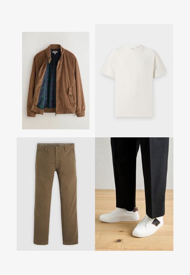 Bruine corduroy jas met een ritssluiting aan de voorkant, drukknoopkraag en zijzak. De binnenkant heeft een donkergroene en blauwe ruitvoering.; Witte korte mouwen T-shirt met ribbelstructuur. Ronde hals, ontspannen pasvorm, geen zichtbare patronen of accenten. Eenvoudig en veelzijdig ontwerp.; Khaki katoenen broek met een rechte pasvorm, voorzien van een knoopsluiting, twee voorzakken en een gladde textuur.; Witte sneakers met een gladde textuur, voorzien van bruine lederen accenten en zwarte details, gecombineerd met zwarte maatpakken. Achtergrond van houten vloeren.