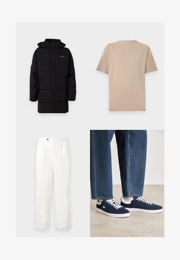 Guess Jeans PUFFER JACKET - Vinterjacka - jet black; Beige bomulls T-shirt med korta ärmar och rundad hals. Har en subtil tryckt logotyp på övre vänstra bröstet. Slät textur.; Vita bomullsbukser med rak klippning, försedda med två framfältsveck, en enkel knappstängning och sidofickor. Slät textur.; Blå canvas-sneakers med vita snören och gummisulor, uppställda med denimbyxor och grå ribbade strumpor, på en ljusgrå yta.