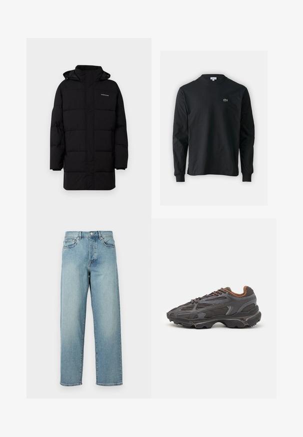 Guess Jeans PUFFER JACKET - Zimska jakna - jet black; Crna majica dugih rukava od pamuka, s okruglim izrezom i malim zelenim izvezenim logotipom krokodila s lijeve strane prsnog dijela.; Svijetloplavi traperice s opuštenim krojem, ravnim nogavicama, dizajnom s pet džepova i kopčanjem na gumbe u struku. Minimalistički detalj šivanja.; Lacoste tenisice u tamno sivoj boji s mrežastim i sintetičkim materijalom, s teksturiranom potplatom i smešnim akcentima na ovratniku i brandiranju.