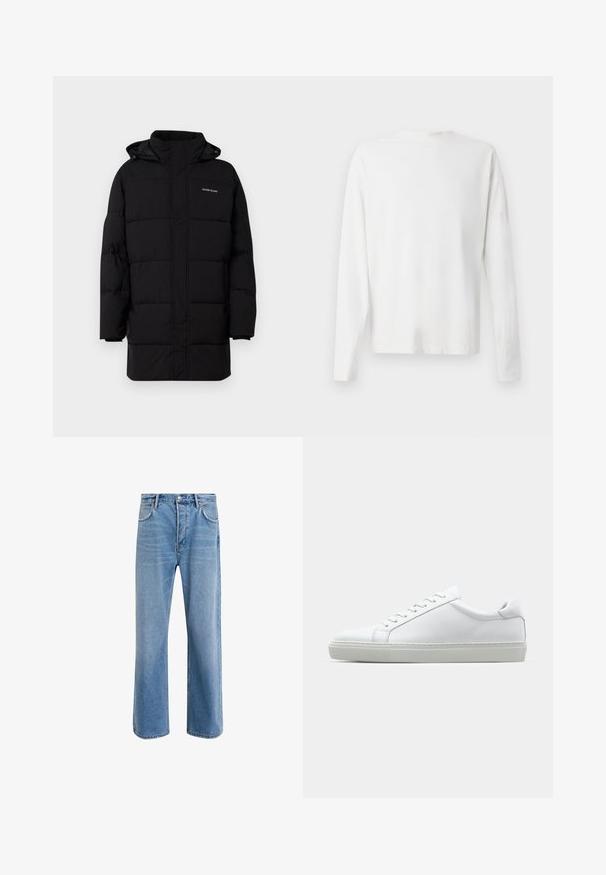 Guess Jeans PUFFER JACKET - Chaqueta de invierno - jet black; Camisa de algodón blanca de manga larga con cuello redondo, aberturas laterales en la parte inferior y una textura suave, exhibida desde la parte de atrás.; Jeans de mezclilla azul claro con un diseño de pierna recta, cinco bolsillos, cierre de botón, ligeramente desgastados y detalles de costura en contraste.; Zapatilla blanca con parte superior de cuero liso y perfil bajo. Presenta una puntera redondeada, seis ojales y una suela de goma texturizada.