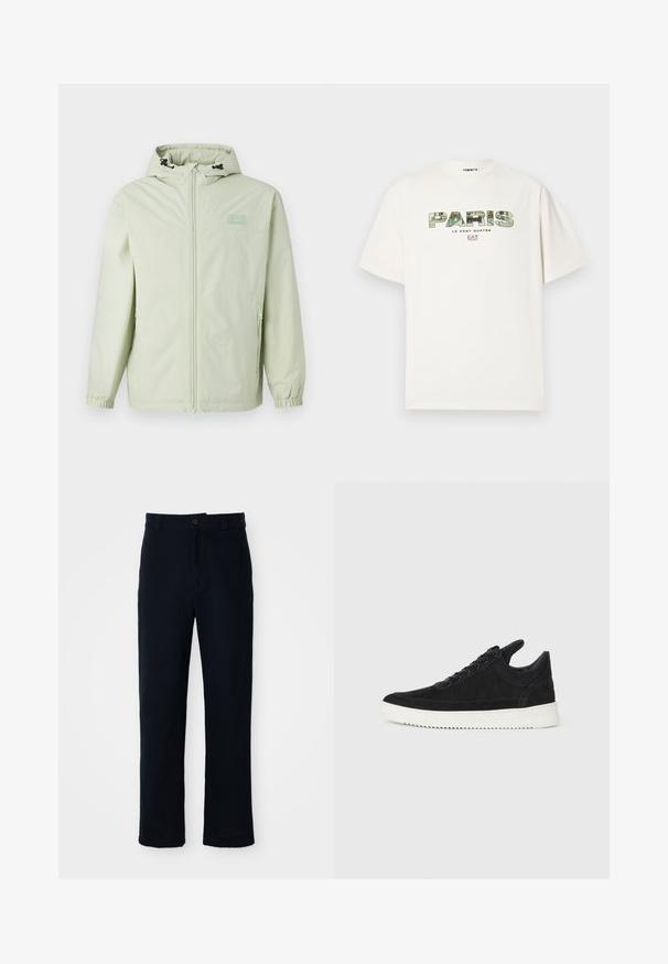 Lys grønn jakke med hette, full glidelås og elastiske mansjetter. Har justerbare snorer og en subtil strukturert logo på brystet.; Hvit bomull t-skjorte med et stort grafisk trykk av "PARIS" i kamuflasje-design. Korte ermer og rund hals. Sjekk, avslappet passform.; Navyblå bukser laget av bomull, med rett ben-design, frontlukking med knapp og klassisk midje med beltehanker.; Sorte semskede sneakers med hvit gummisåle, med tonale sømmer og snøring. Glatt tekstur med en moderne, strømlinjeformet form.