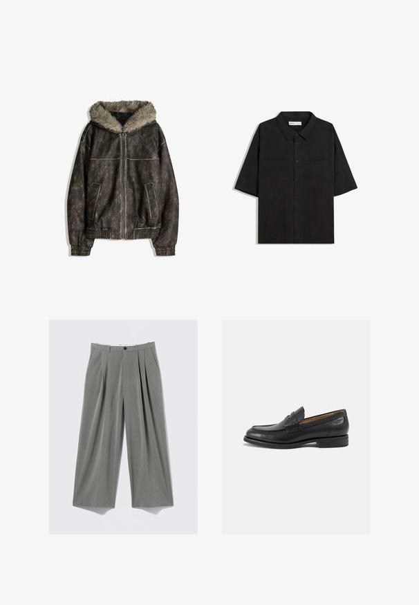 Bruine faux leren jasje met een bontvoering in de capuchon, twee voorzakken, geribbelde manchetten en een ritssluiting. Gestructureerd oppervlak met contrasterende stiksels.; Zwart kortmouwen shirt met een kraag, twee voorzakken, knoopsluiting en een gladde stoftextuur.; Grijze streepjesslips met wijde pijpen, met voorplooien, riemlussen, zijzakken en een zwarte knoopsluiting.; Zwarte leren loafers met een gladde afwerking, ronde neus en decoratieve stiksels op de wreef. Lage gestapelde hak en een lichte glans.