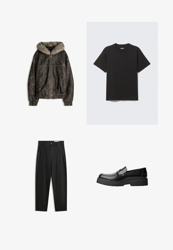 Brown faux leather jacket with a fur-lined hood, two front pockets, ribbed cuffs, and a zipper closure. Textured surface with contrasting stitching.; Black short-sleeve T-shirt made of soft cotton, featuring a round neckline and simple design without patterns or accents.; Black cotton trousers with a relaxed fit, featuring a classic waistband, front pleats, and side pockets. Smooth texture without patterns.; Black leather loafer with chunky treaded sole and decorative strap across the upper, shown in left side profile on white background.