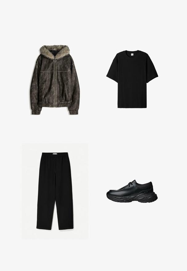 Smeđa jakna od umjetne kože s kapuljačom obloženom krznom, dva prednja džepa, rebrasti manšeti i zatvaranjem na patentni zatvarač. Tekstura s kontrastnim šavovima.; Crna rebrasta kratka majica s kratkim rukavima i okruglim izrezom, s opuštenim krojem i teksturiranom površinom. Jednostavan dizajn; bez grafika ili akcenta.; Crne hlače širokih nogavica izrađene od laganog materijala. Imaju elastičnu traku u struku i glatku teksturu. Nema vidljivih uzoraka niti hardvera.; Crne kožne cipele za klizanje s okruglim nosom i debelim teksturiranim gumennim đonom. Sadrže suptilnu obrubu i elastične akcenti na ovratniku.