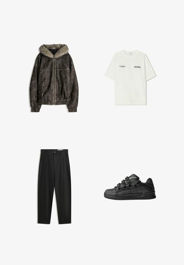 Rjava usnjena jakna iz umetnega materiala s kapuco obloženo s krznom, dvema sprednjima žepoma, rebrastimi manšetami in zadrgo. Teksturirana površina s kontrastnim šivanjem.; Bela bombažna majica s kratkimi rokavi. Na sprednji strani je črn napis: "NE JUTRI NE DANES" in "UMETNOST SVETOVANJA" v zeleni pisavi.; Črne bombažne hlače s sproščenim krojem, ki vključujejo klasičen pas, sprednje gube in stranske žepke. Gladka tekstura brez vzorcev.; Črne superge z gladkim usnjenim zgornjim delom, teksturiranimi detajli in okroglimi črnimi ter belimi vezalkami. Debel gumijast podplat z vzorčastim profilom.