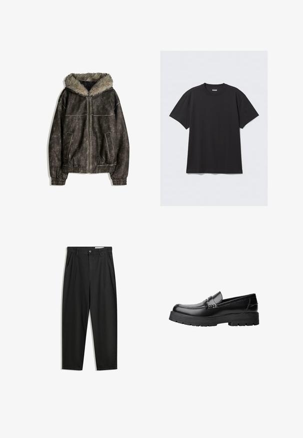 Giacca in ecopelle marrone con cappuccio foderato in pelliccia, due tasche anteriori, polsini a coste e chiusura con zip. Superficie testurizzata con cuciture a contrasto.; T-shirt nero a maniche corte in cotone. Presenta un collo a giro e una vestibilità comoda. Design semplice senza motivi o dettagli visibili.; Pantaloni in cotone neri con una vestibilità rilassata, dotati di una vita classica, pieghe frontali e tasche laterali. Tessuto liscio senza fantasie.; Mocassino in pelle nera con suola spessa e tassellata e fascia decorativa sulla parte superiore, mostrato in profilo sinistro su sfondo bianco.