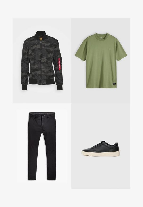 Kamuflaažne pommitaja jope musta ja halli värviga. Sile, kerge kangas ribitud varrukate ja vöökohaga. Omab lukku ja utiliitkotti.; Oliivroheline puuvillane T-särk ümarate kraede ja lühikeste varrukatega. Rinnal on väike ja diskreetne logopatch ning varrukal on kudumisega kaubamärgi silt.; Mustad puuvillased chinos, mis on kitseneva lõikega, viie taskuga, vöökohaga ja siledast tekstuurist. Zipperiga lukk ja nupuga kinnitamine.; Mustad musta nahast madal sneaker mustade nööpidega ja kreemivalge tallaga, nähtud külgprofiilis valge tausta ees.