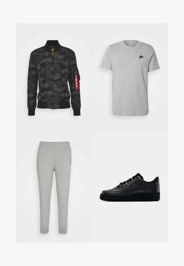 Kamuflaažibomberjakke mustas ja hallis. Sujuv, kerge kangas, ribidega mansettide ja vöökohtadega. Zipperi sulgemine ja utiliidi tasku.; Harmaa lyhythihainen T-paita, joka on valmistettu puuvillasta. Paidassa on musta Nike-logo rinnassa ja pyöreä kaula-aukko. Minimalistinen muotoilu ilman kuvioita.; Harmaat collegehousut pehmeästä kankaasta, joissa on kapeneva lahje, joustava vyötärö ja pieni valkoinen Nike-logo vasemmassa reisissä.; Musta Nike Air Force 1 -lenkkari, jossa on sileä nahkapinta, rei'itetty varvasosa hengittävyyden parantamiseksi, mustat nauhat ja teksturoitu kumipohja.