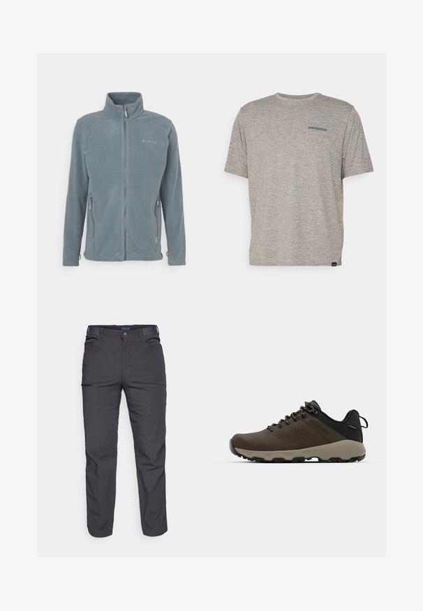 Heledest hallist fleecetag, mis on varustatud kõrge kaeluse, ees oleva tõmbluku ning kahe küljetaskuga, millel on tõmblukud. Sile tekstuur ja kohandatud lõige.; Hall tootega hall T-särk lühikeste varrukatega, pehmest tekstuuriga kangast, millel on vasakul rinnal väike sinine Patagonia logo. Täiendavaid mustreid pole.; Tumed hallid püksid, mis on valmistatud vastupidavast kangast, varustatud lukuga tasku, sirge lõikega ja vööaasadega, et sobivust kohandada.; Kohandatud veekindlad pruunid spordijalatsid tekstuuriga pealisega, perforatsioonidega detailid, must kandetoetav osa ja hall kummine sisetald. Paelad on metallist otstega.
